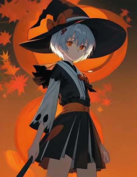 Rei Ayanami Halloween Witch in Anime Style