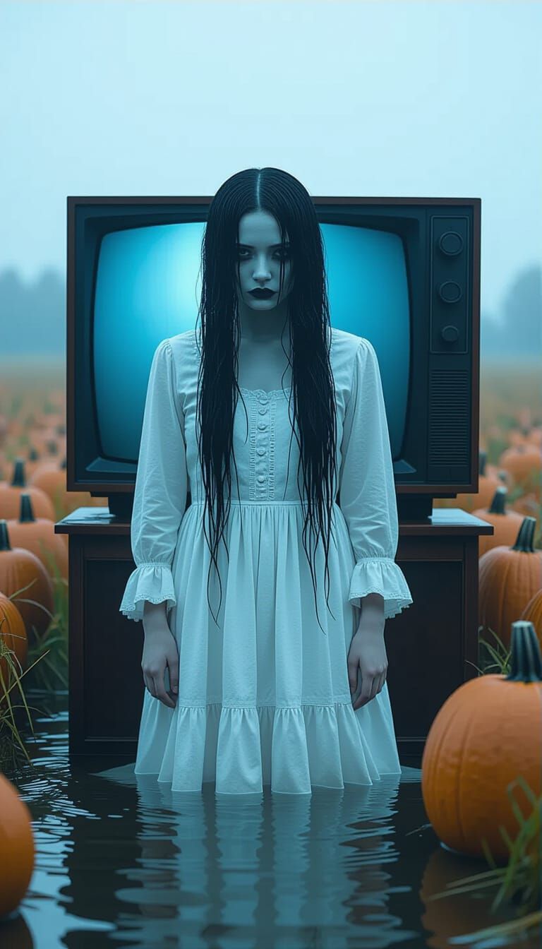 Ghostly Woman Emerges From TV Screen in Horror Portrait