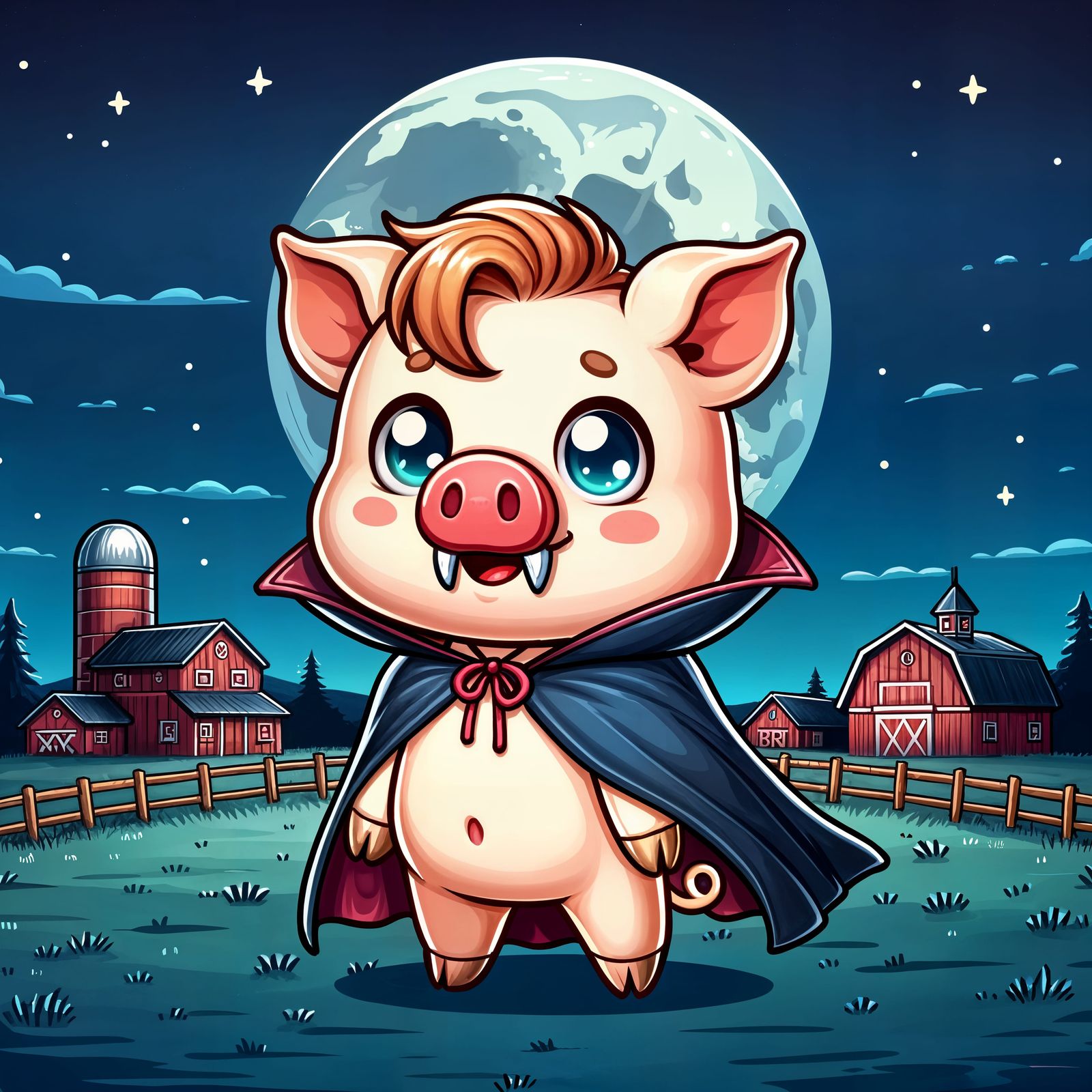 Magical Moonlit Farm with Vampire Pig