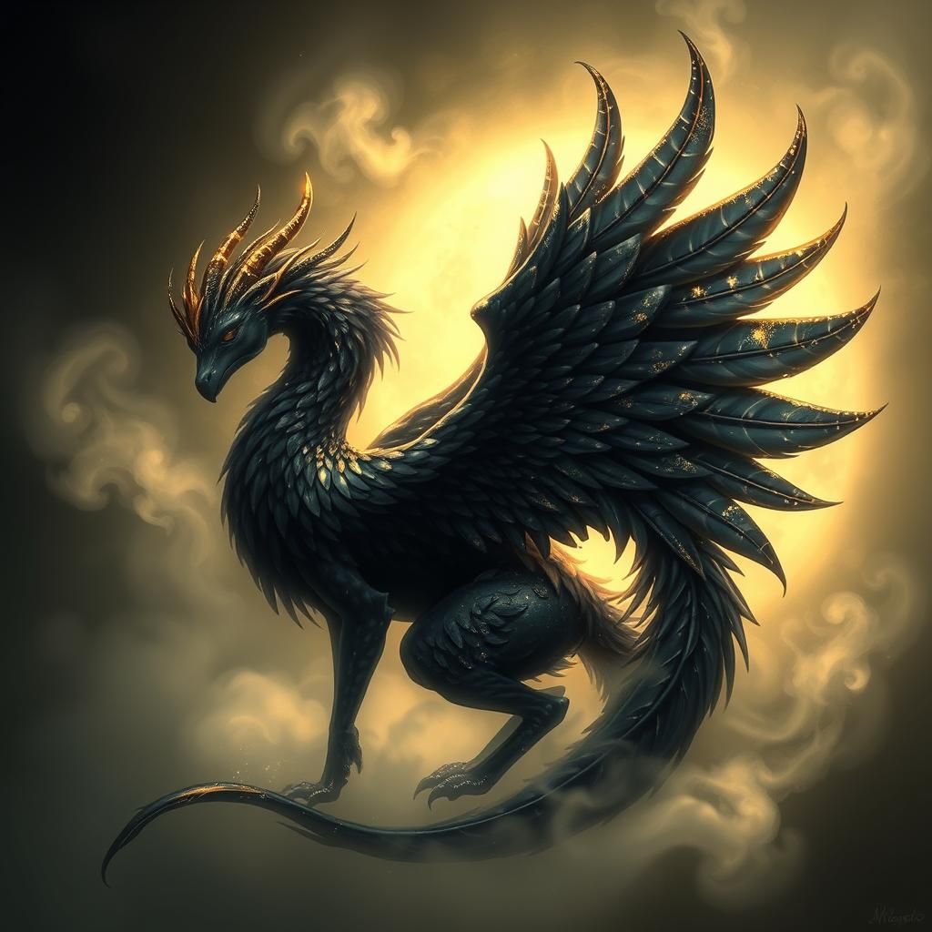 Ethereal Black and Gold Dragon in Art Nouveau Style