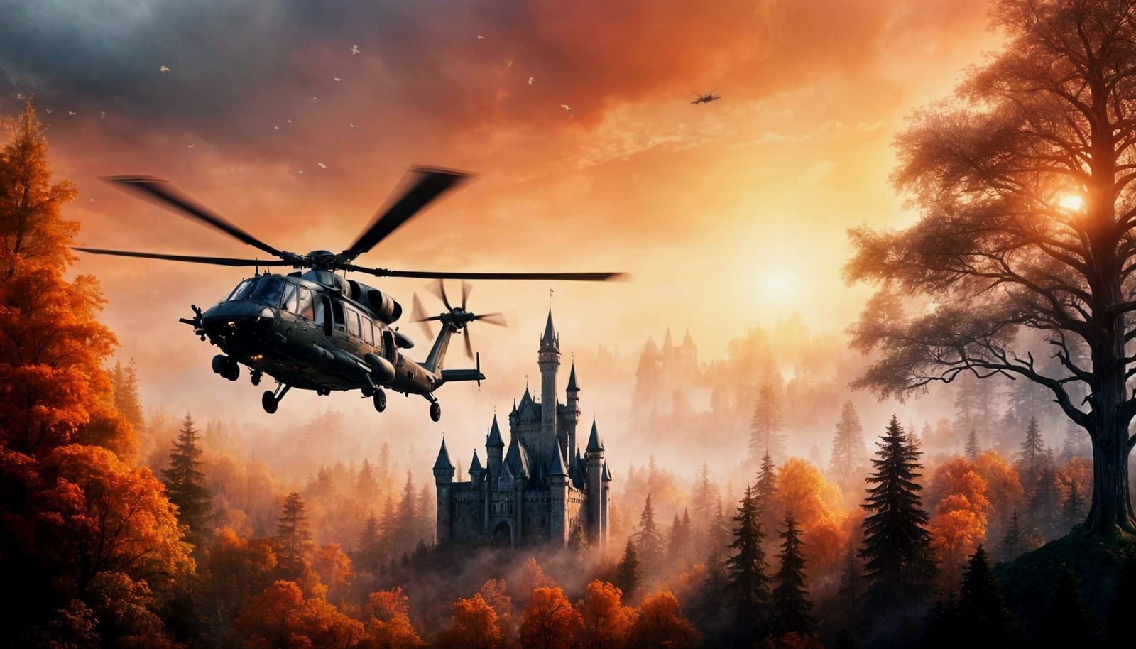 Blackhawk Helicopter Over Enchanted Forest: Hyperrealistic F...