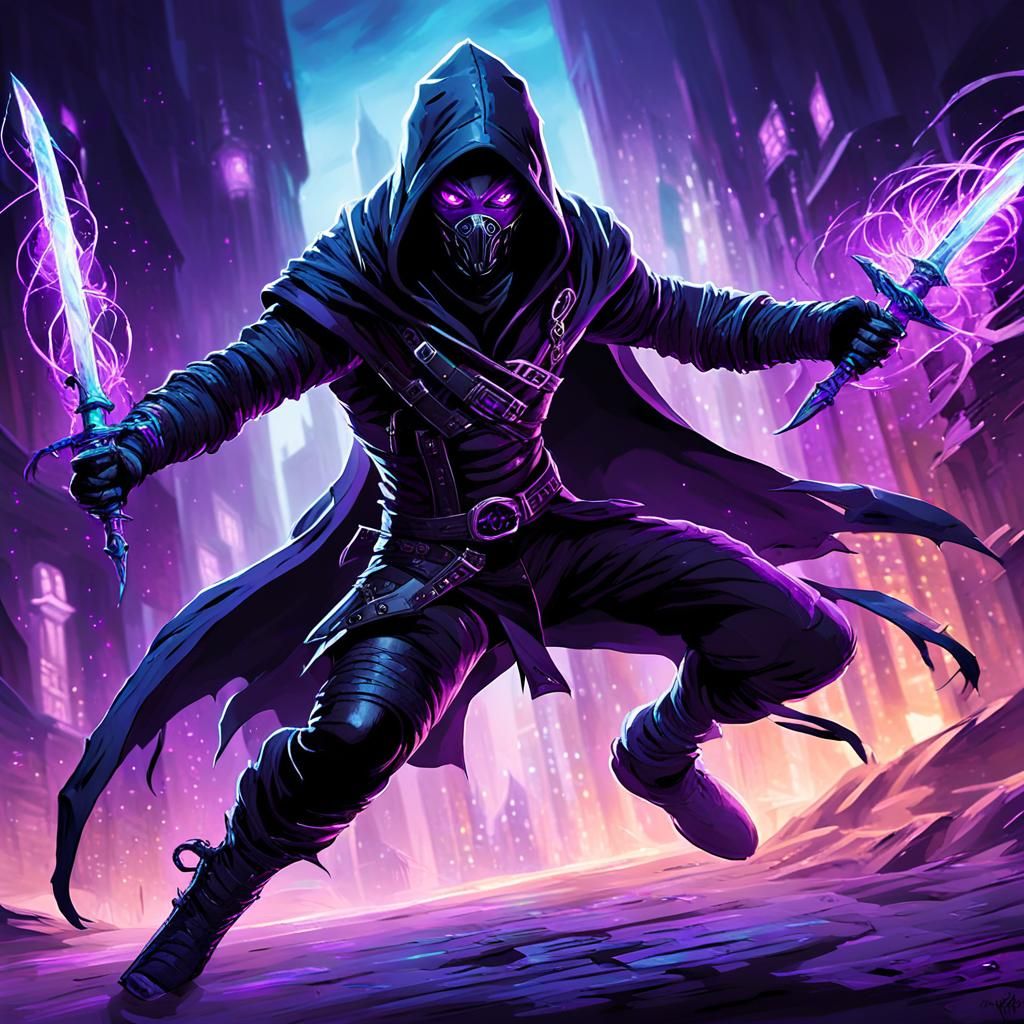 Soulknife Rogue Attacks with Purple Energy Daggers