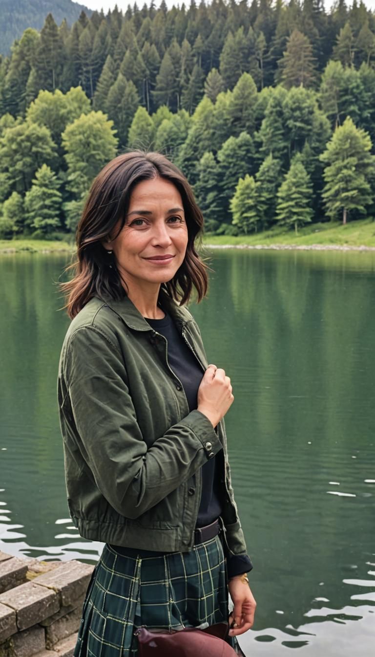 Medieval Woman at Rainy Lake with Rainbow