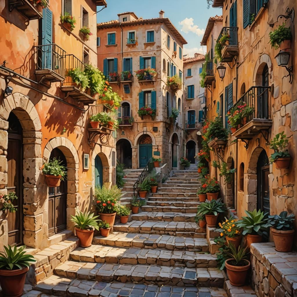 Mediterranean Village Canal: Impressionist Oil Painting