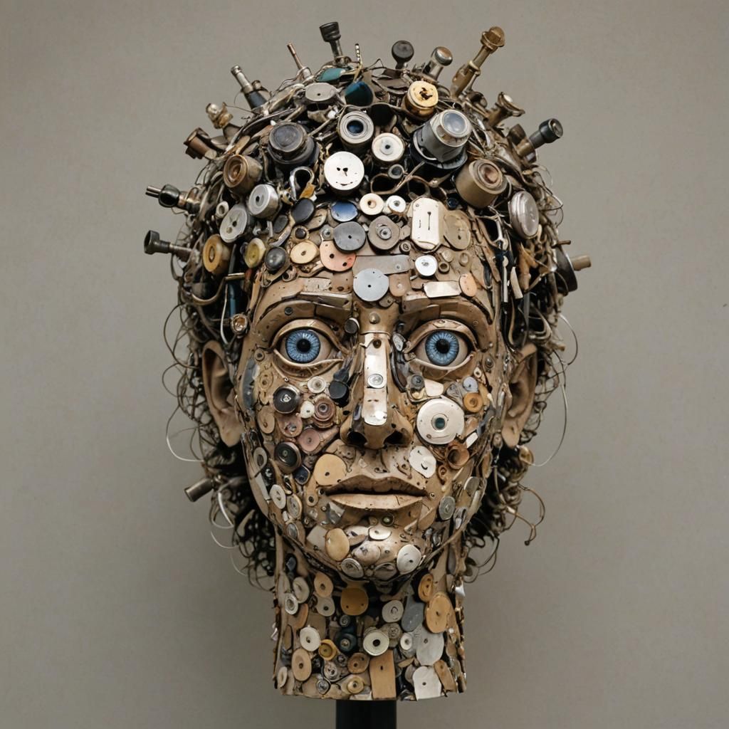 A bust made from random found objects