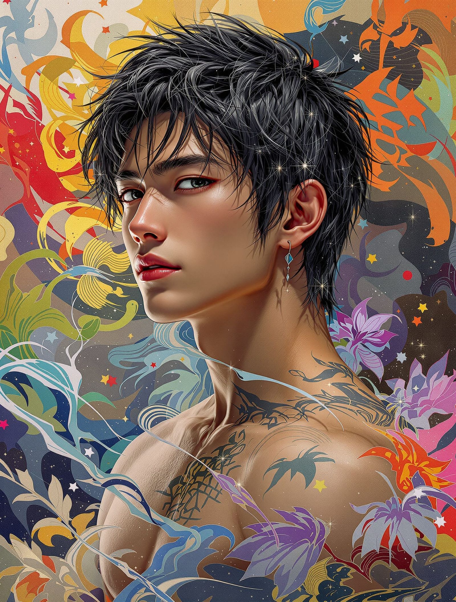 Gay Art Masterpiece: Japanese Man in Rainbow Japanese Charac...