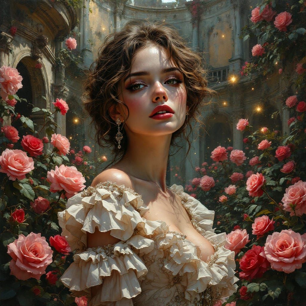 Woman in Overgrown Rose Garden: Hyperrealistic Oil Painting