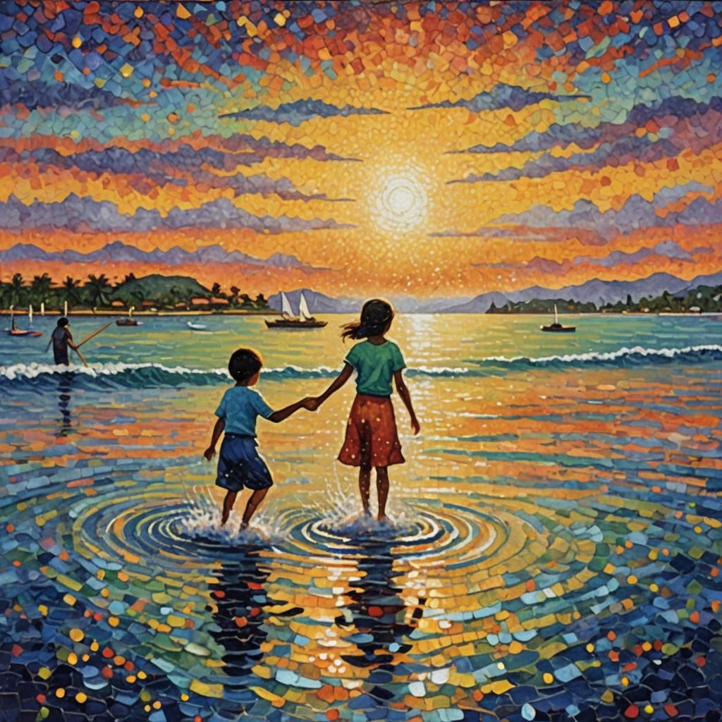 Pointillist Sunset: Children Playing in Lagoon