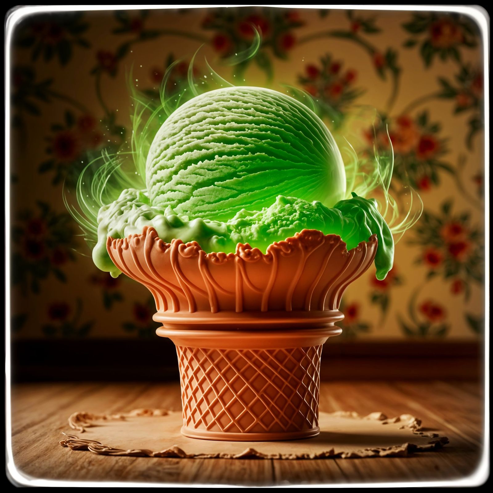 Ethereal Uranium Glass Ice Cream Shimmers in Vintage Photo
