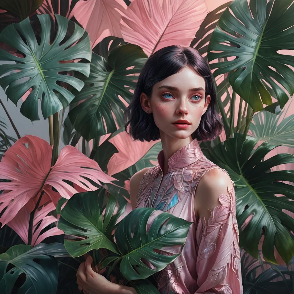 Ethereal Waif with Monstera Leaf: Fantasy Concept Art