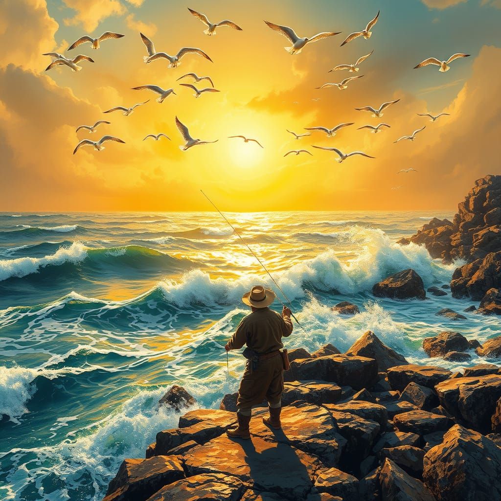 Fisherman in Golden Light, Seagulls Soaring