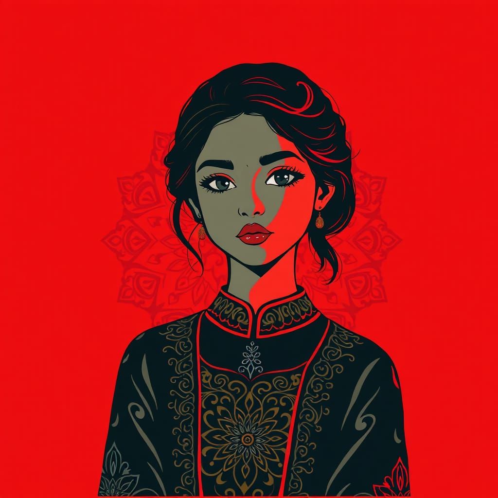 Girl in Urdu Calligraphy Dress, Film Noir Pop Art