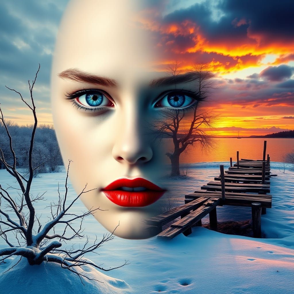 Surreal Face Merged with Winter Landscape Portrait