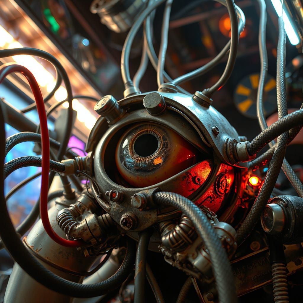 Glowing Cybernetic Eye in Neon-Lit Wreckage