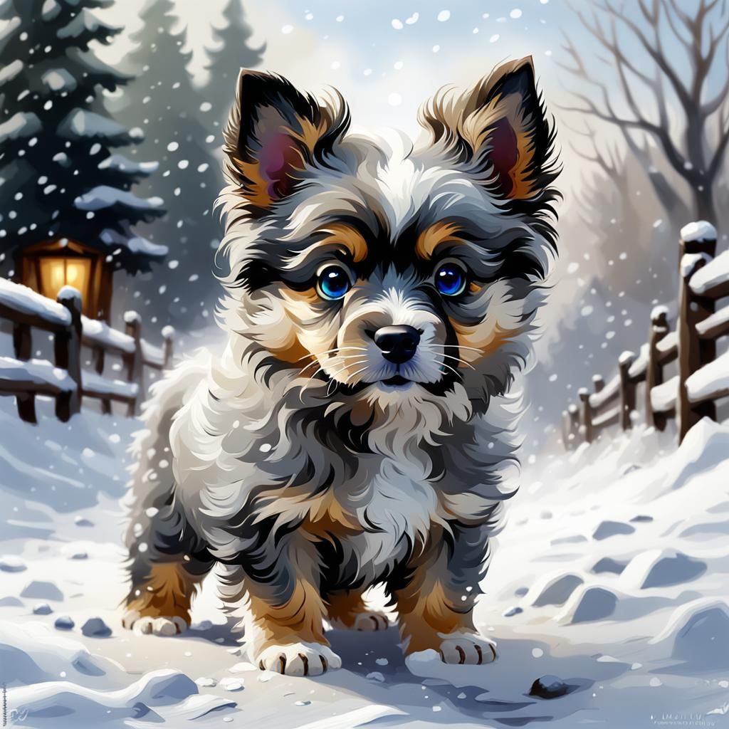 chibi adorable dog grey in a snow : "fluffy fur" : Impressionism movement : extreme detail : intricate motifs : gorgeous...