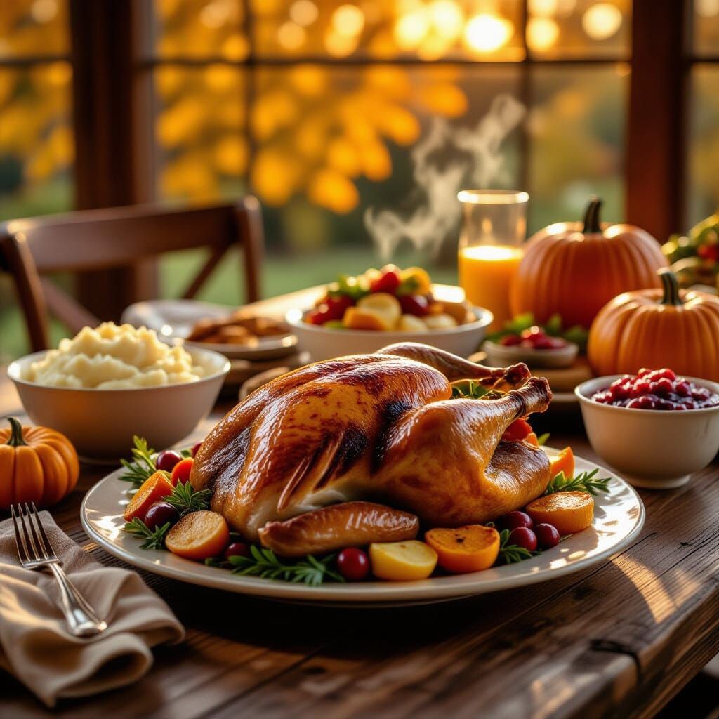 Bountiful Thanksgiving Feast on Rustic Table