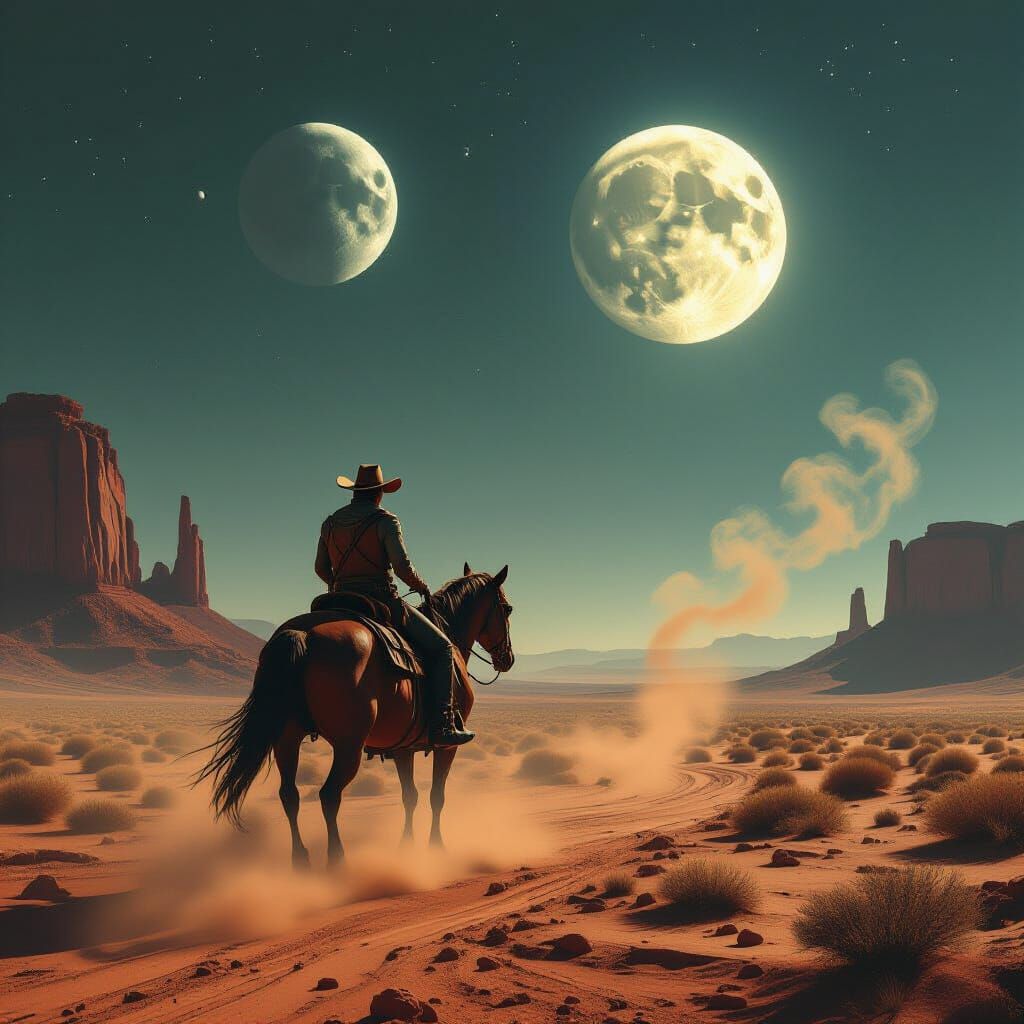Lone Cowboy Rides Alien Landscape Under Double Moons
