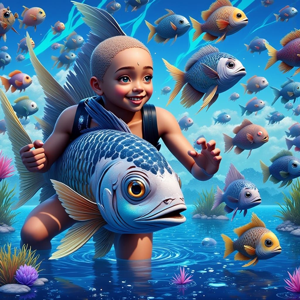 Fish Boy on Madagascar Shore in Fashion Photography Style