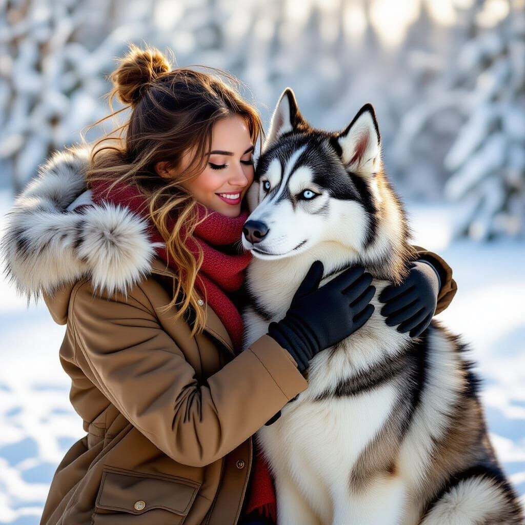 Woman and Husky in Snowy Landscape, Realist Style