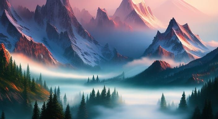 Misty Mountain Peaks in Detailed Matte Painting