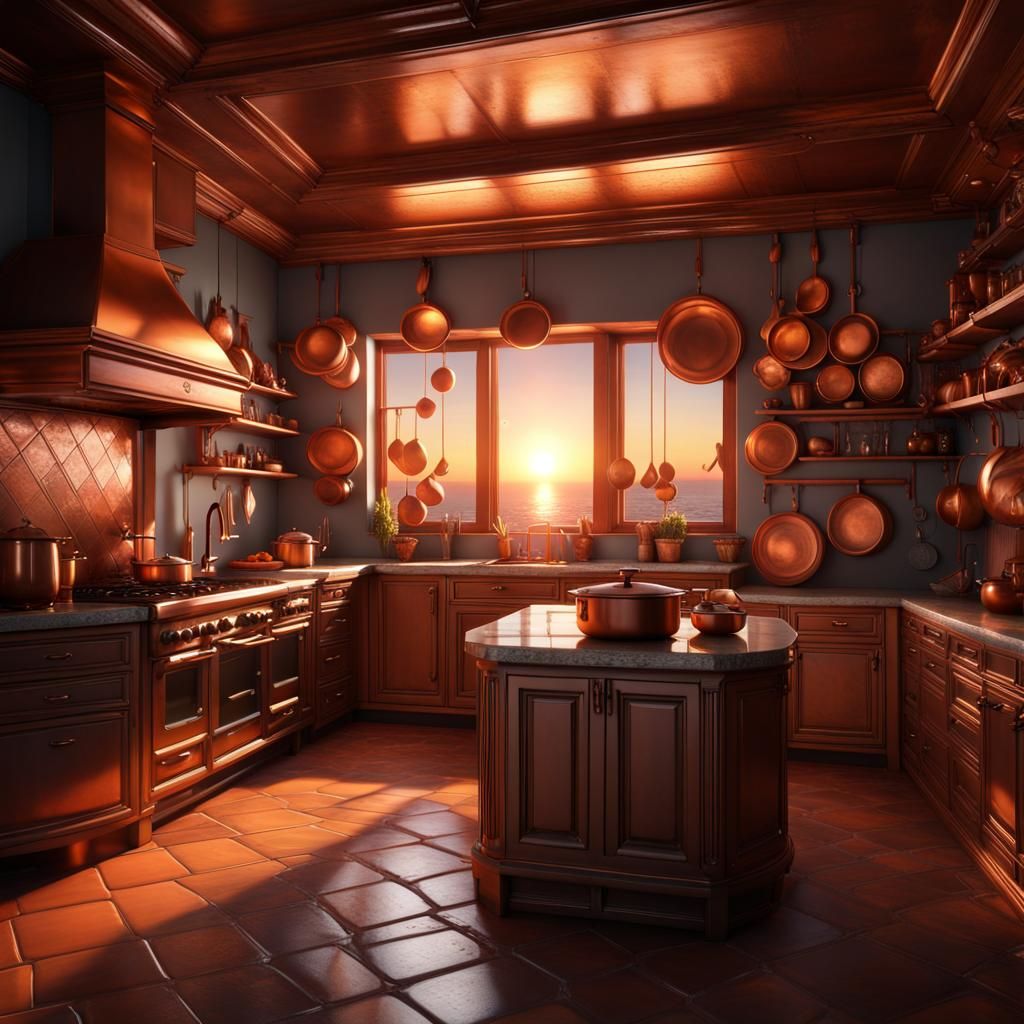 Copper Pans Reflecting Sunset: Detailed Matte Painting