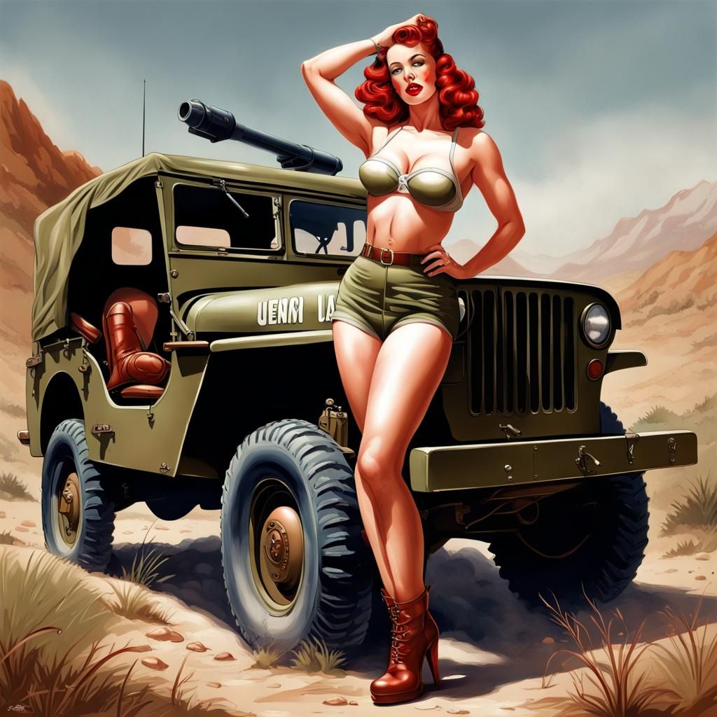 1940s Pin-Up Girl with Army Jeep, Hyperrealistic Art