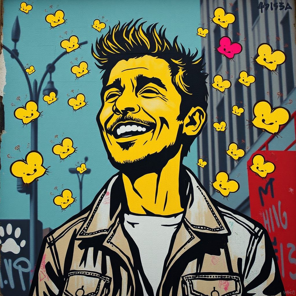 Smiling Man in Urban Setting, Street Art Style