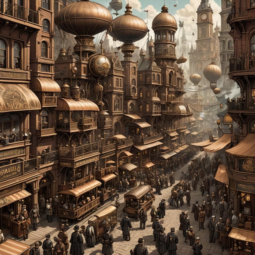 Steampunk City Market with Airships Illustration