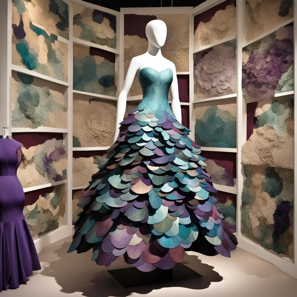Fine Art Collage :: (A Mermaid Ball Gown Paper Collage Dress, 1:4) (Dark Aqua, Teal, Dark Purple, 1:3) : (Alexander McQ...