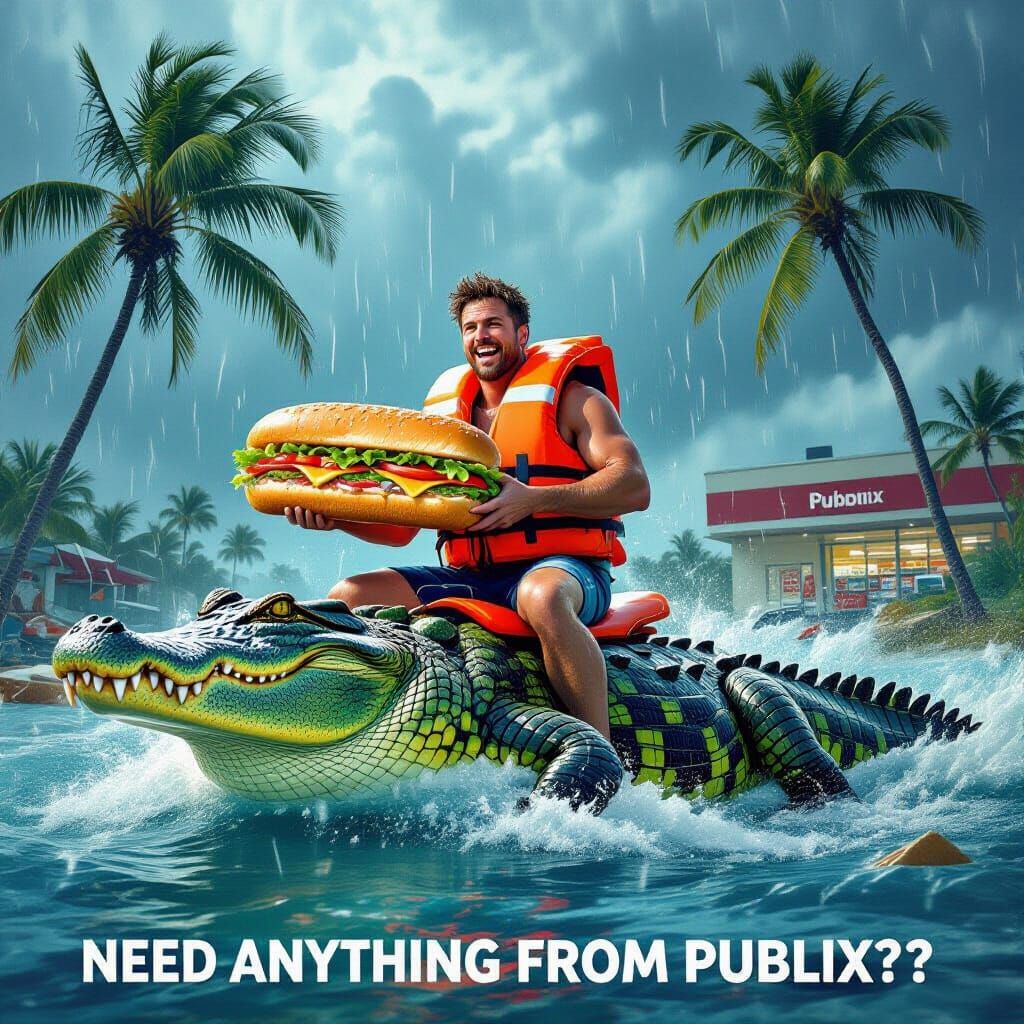A Florida man riding an alligator in a pool of water, during a hurricane while eating a Publix sub sandwich, with palm t...