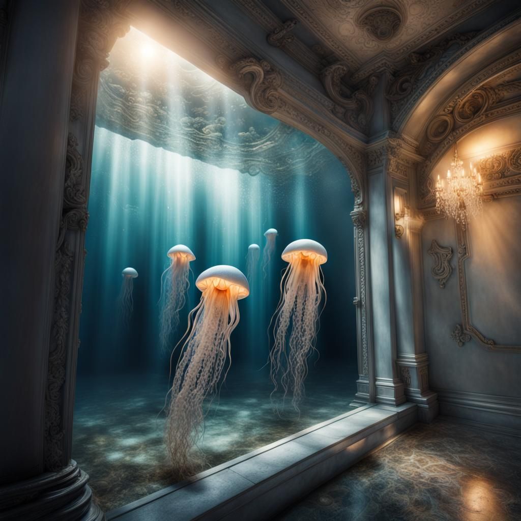 Jellyfish in Dark Gallery: Hyperrealistic Underwater Scene