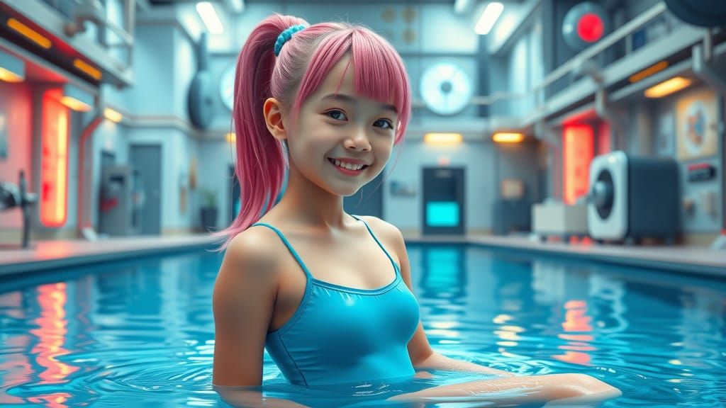 Futuristic Pink-Haired Girl in High-Tech Pool