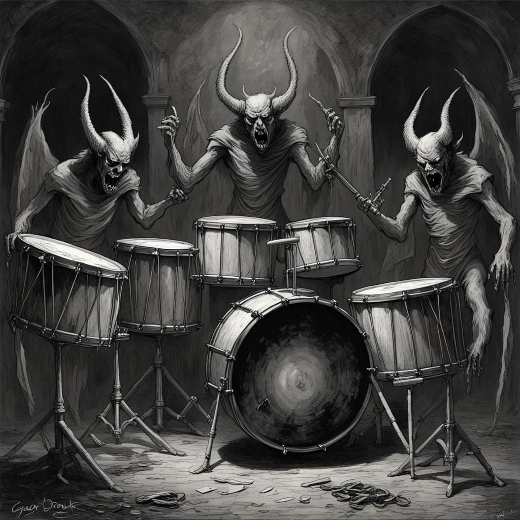 Evil Possessed Demonic Drum Set in Horror Style