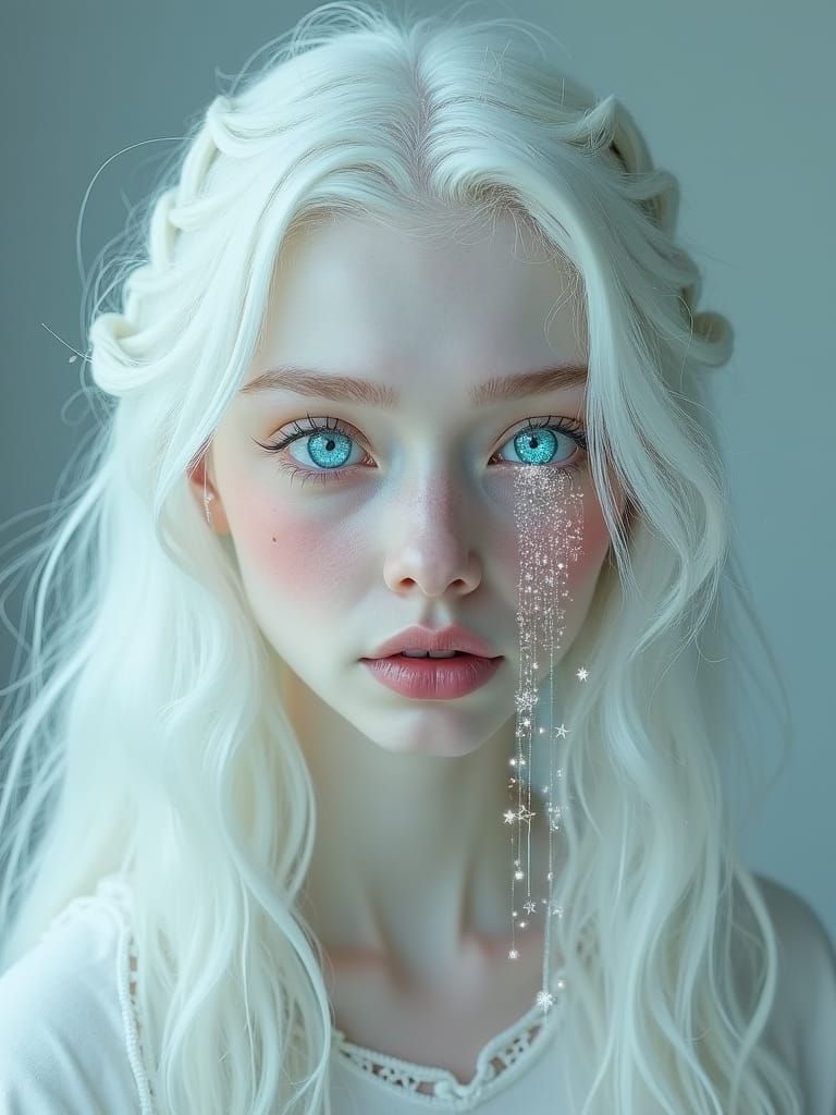 Albino Woman with Stardust Tears: Ethereal Beauty
