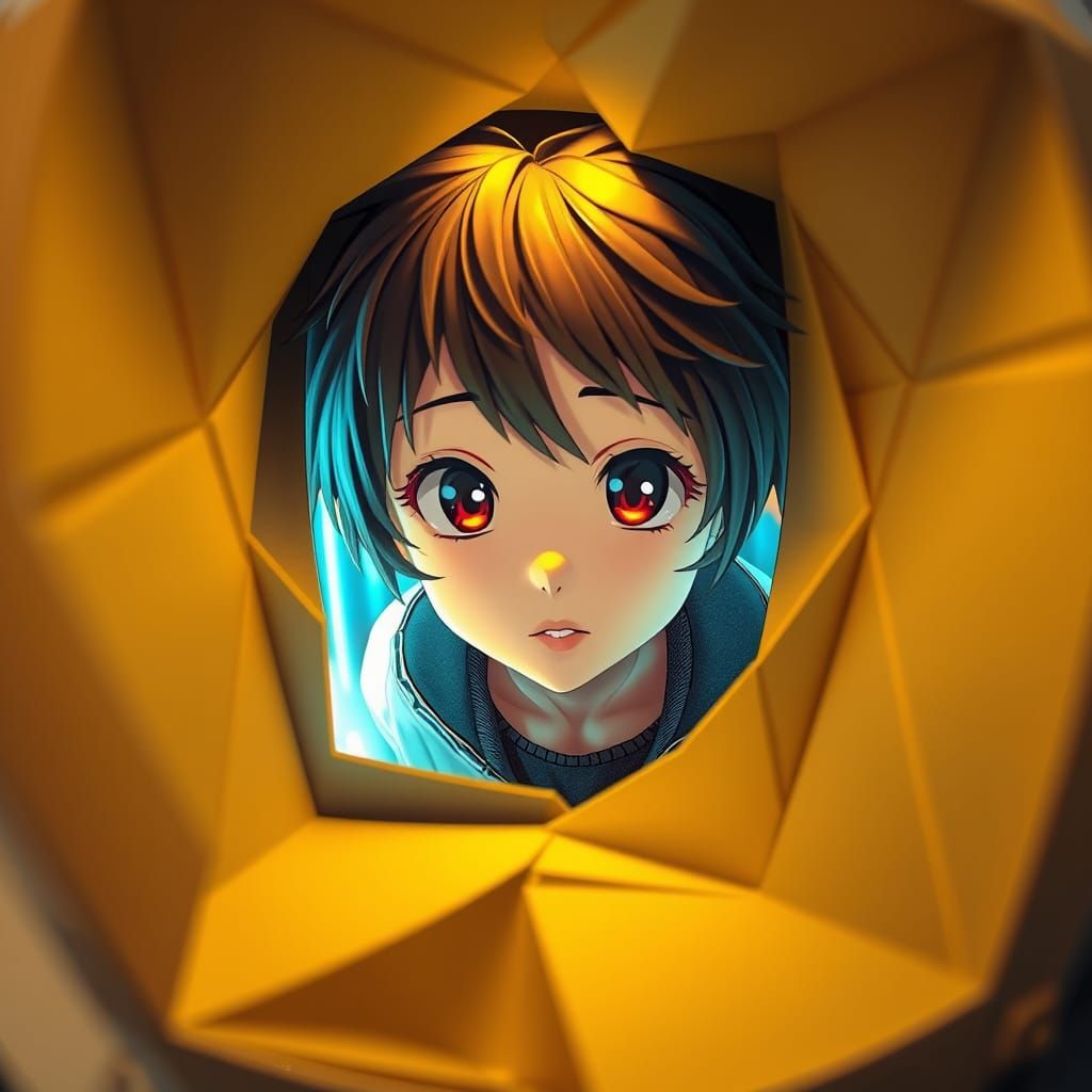 Anime Girl Peeks Out from Retro-Futuristic Origami Computer