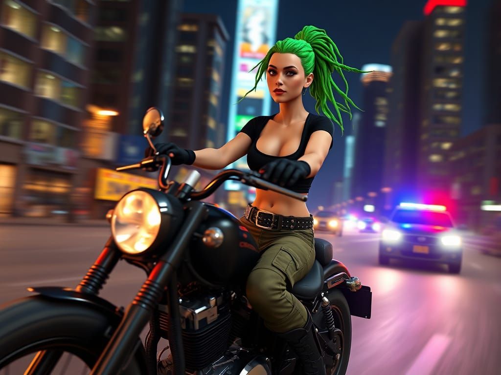 Motorcycle Chase at Night: 3D Rendered Scene