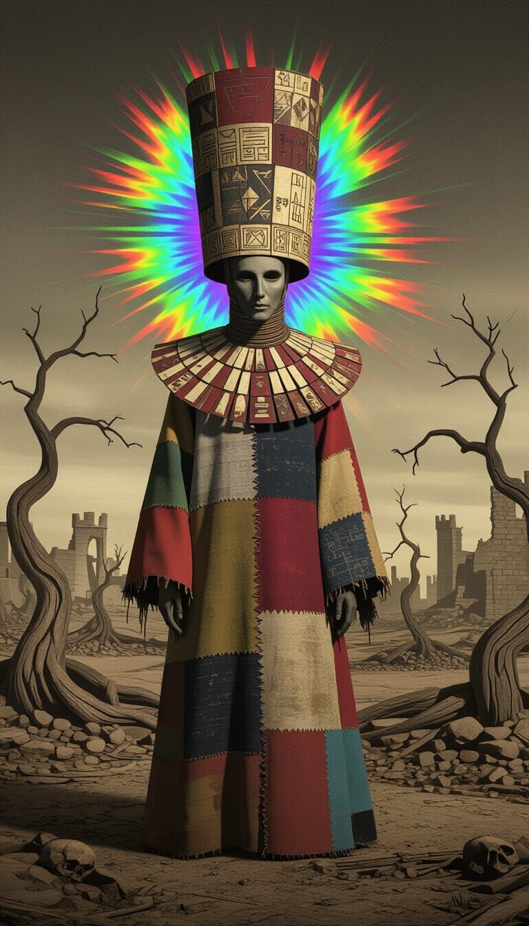 Surreal Bosch-Inspired Figure in War-Torn Landscape