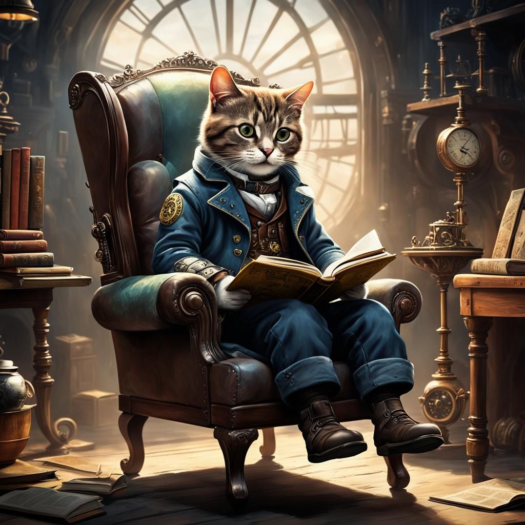 Steampunk Cat Reads Book in Dimly Lit Room