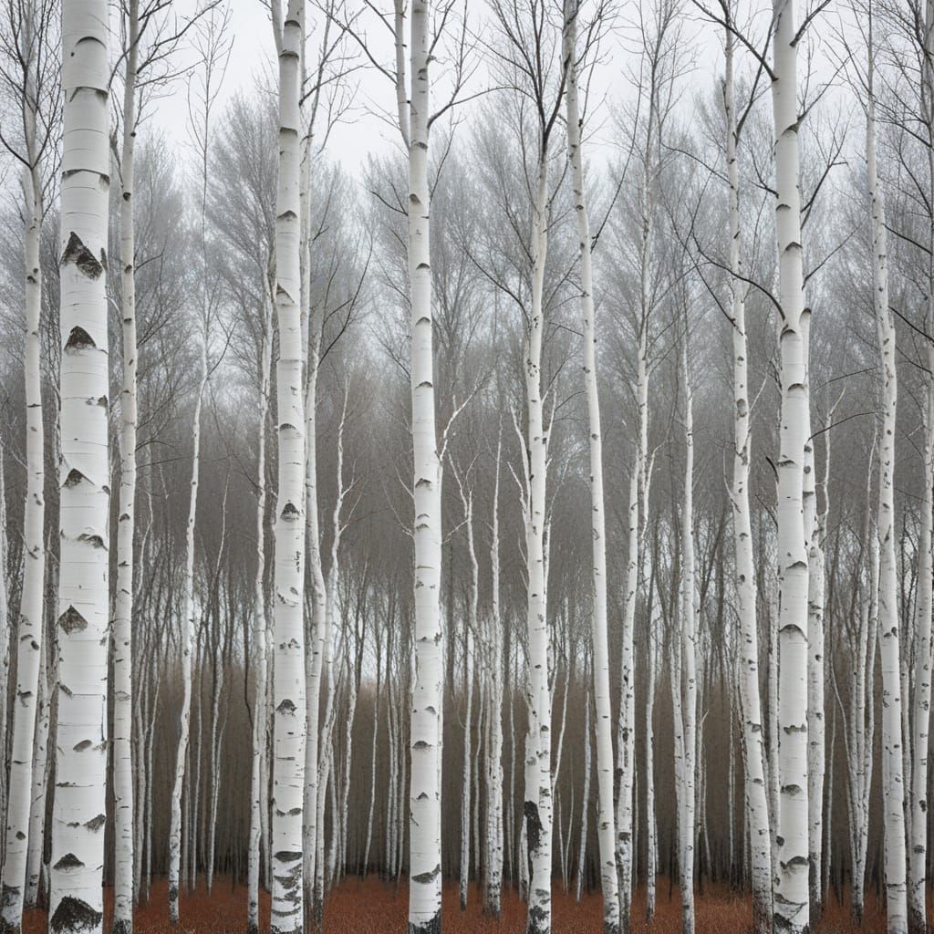 Silver Birch Forest Landscape in Warm Gray and Charcoal Tone...