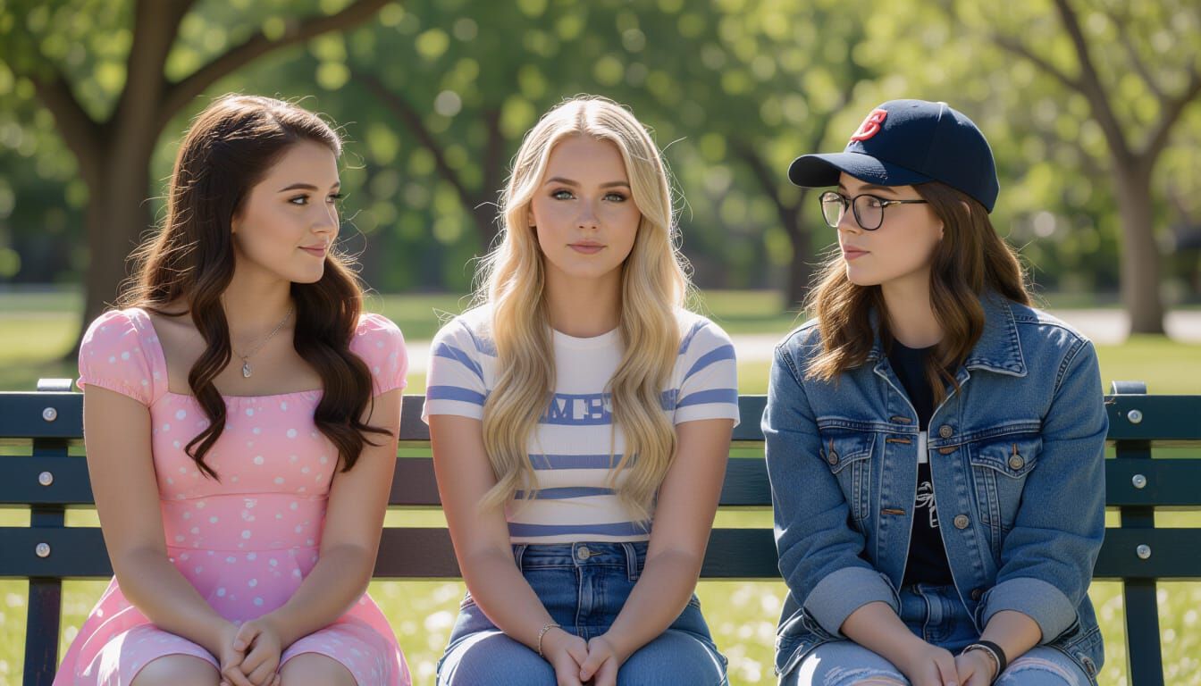 Three Teen Girls on Park Bench in Cinematic Film Style