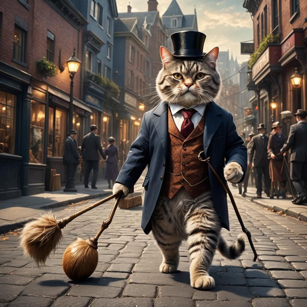 Victorian Cat Walking Down Street in Hyper-Realistic Style