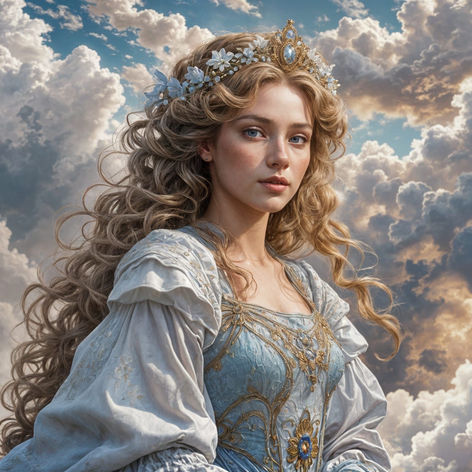 Renaissance Princess in Pointillist Cloudscape