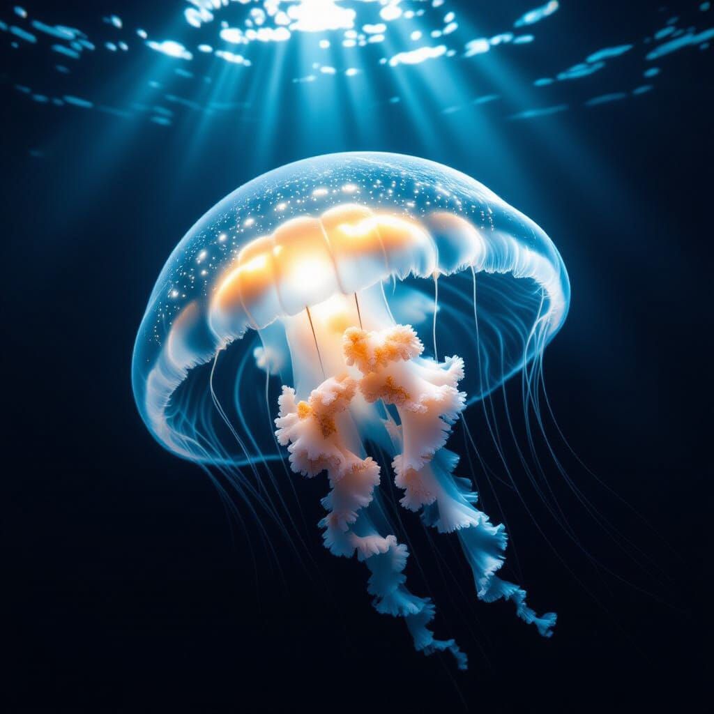 Bioluminescent Jellyfish in Deep Ocean Darkness