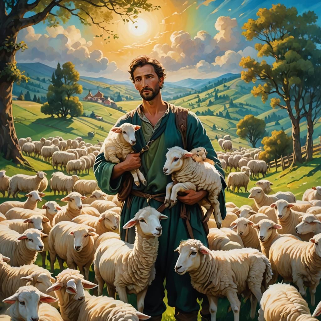 Shepherd with Lamb in Vibrant Oil Painting Style