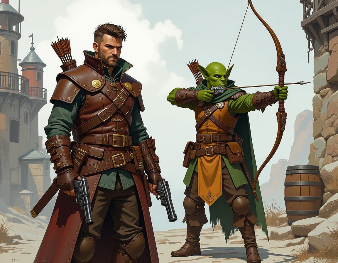 Artificer and Firbolg Archer in Steampunk Fantasy World
