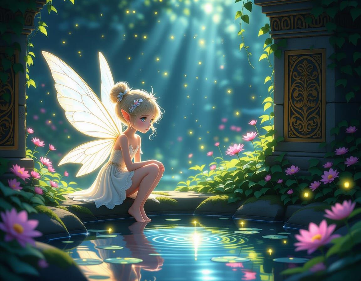 Fairy Girl in Moonlit Garden with Ruins