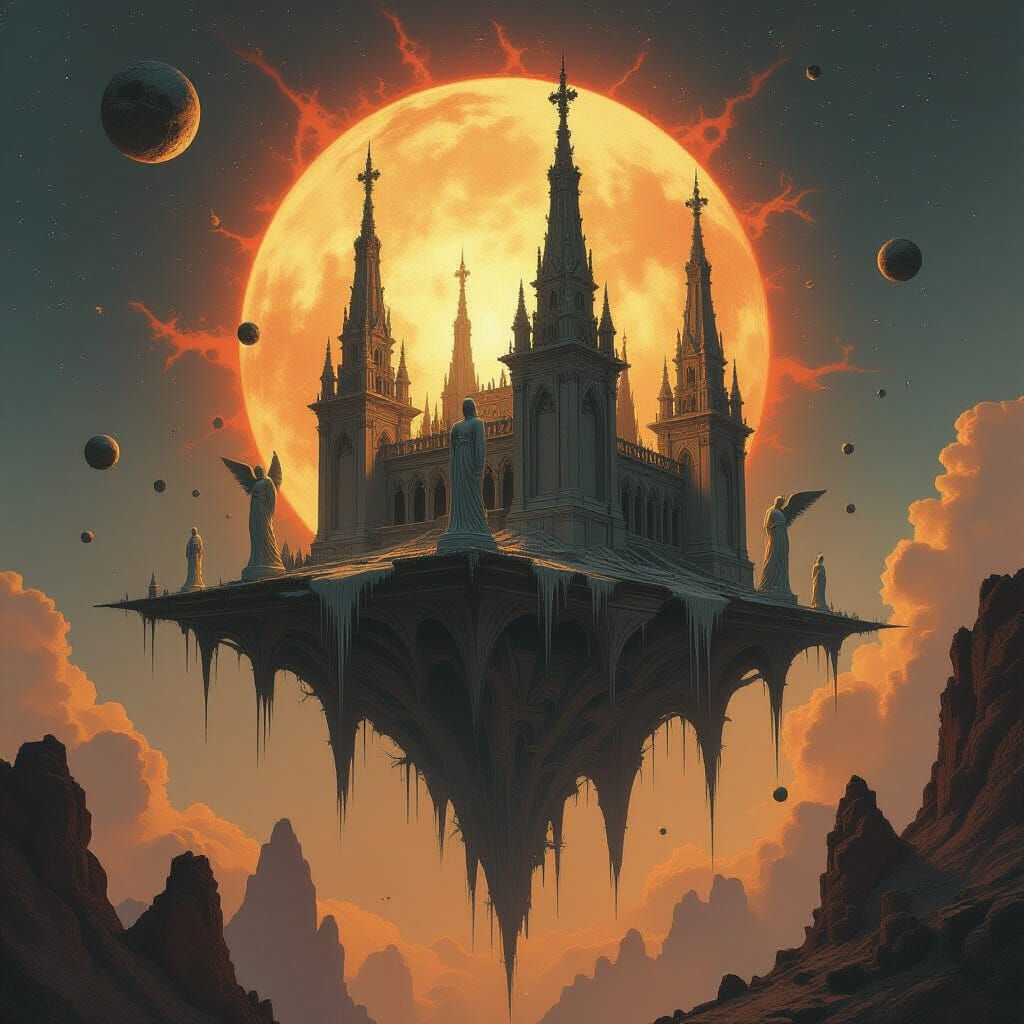 Gothic Temple in Space with Dying Sun, Surreal Art