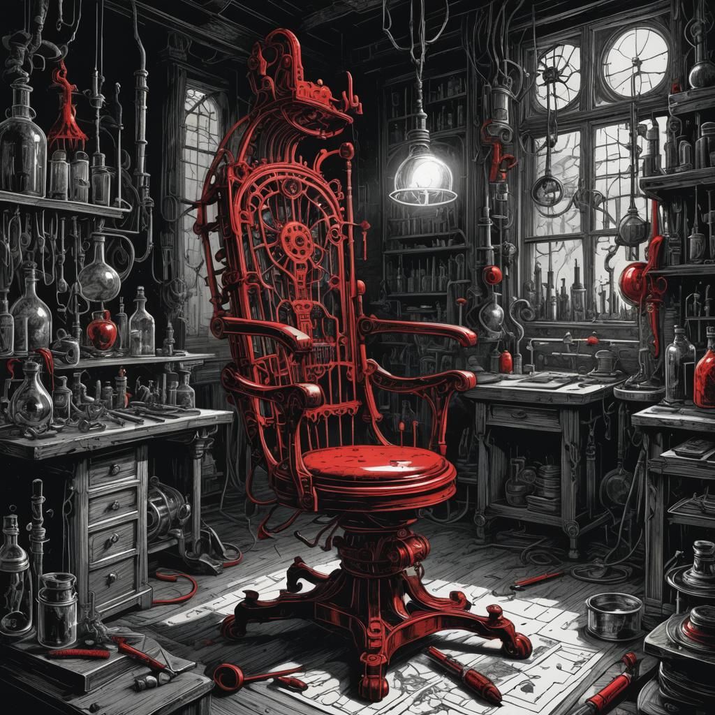 Eerie Laboratory Chair in Red and Black Illustration