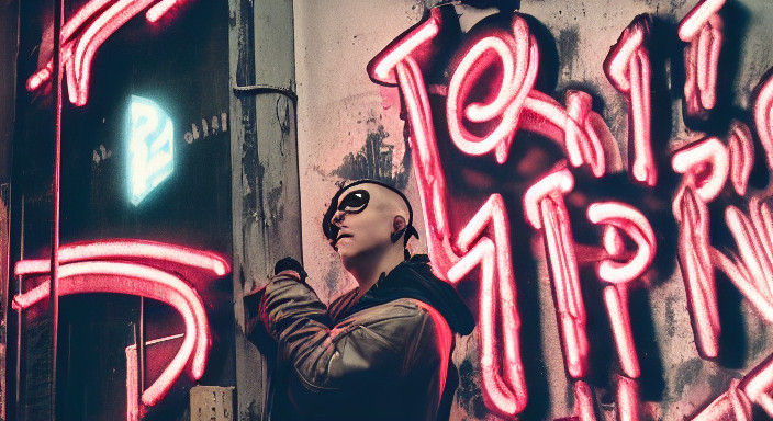 Cyberpunk Trespasser in Neon-Lit Abandoned Strip Club