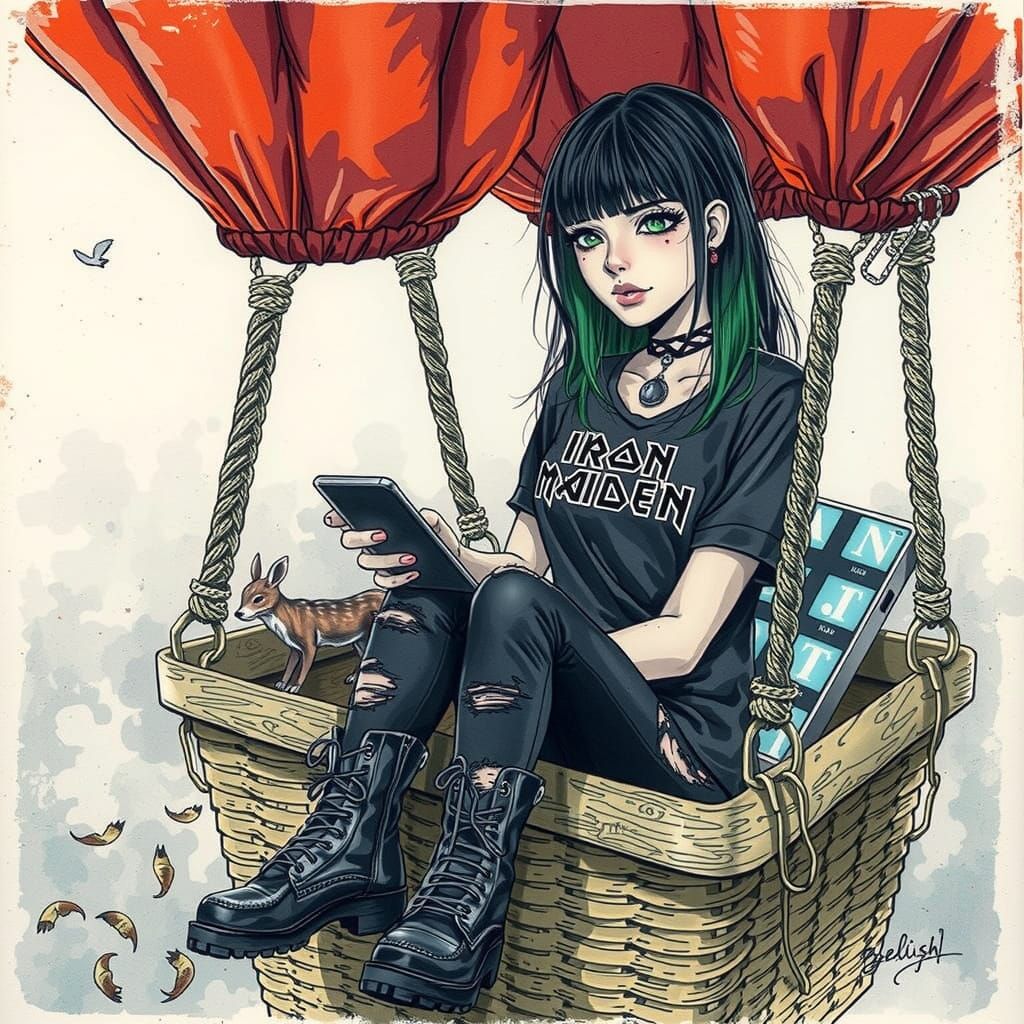 Young Woman in Hot Air Balloon, Charcoal Drawing Style